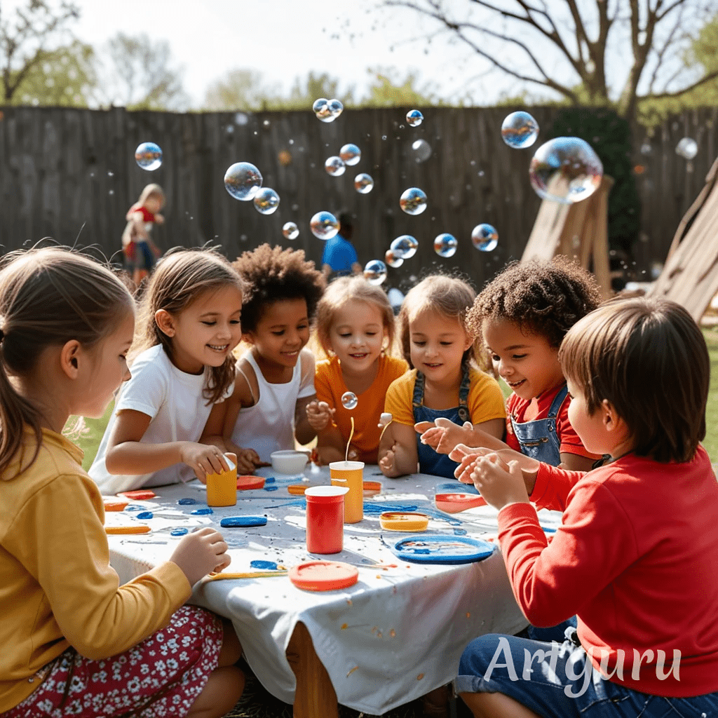 Fröhliche Kinder, die an einer kreativen Bastelaktivität teilnehmen.